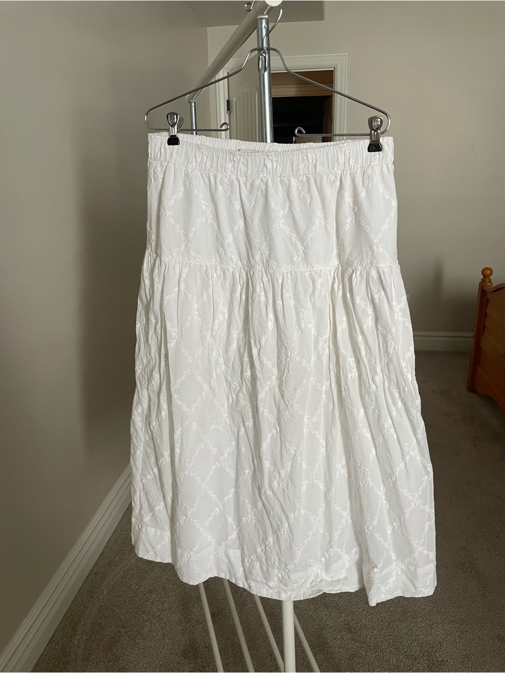 LOFT White Tiered Embroidered Midi Skirt